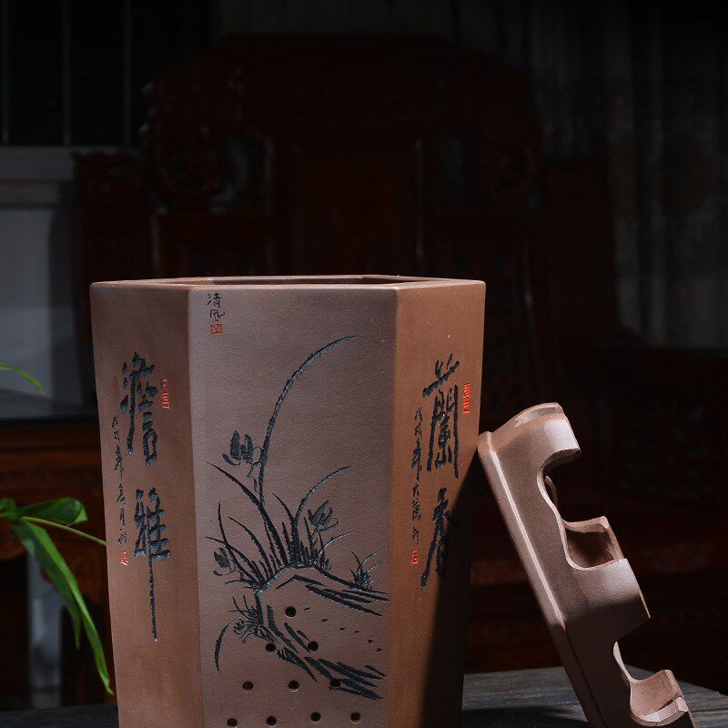 陶瓷紫砂兰花盆室内清雅高档花盆直口六方兰花盆兰花专用盆景花盆