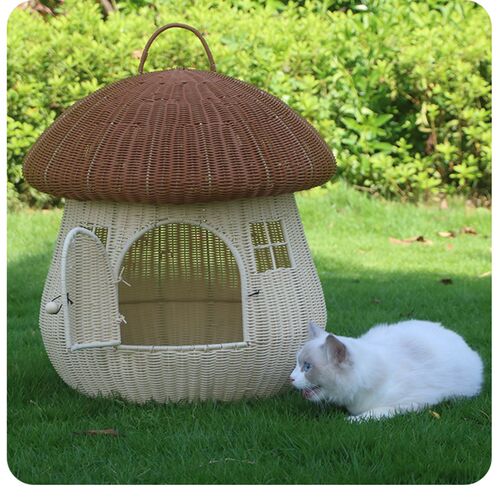 猫窝四季通用夏季宠物猫咪用品半封闭式猫屋猫房子藤编蘑菇屋幼猫