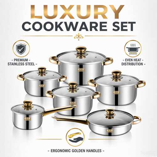 不锈钢12件套锅具套装金色手柄水壶厨房烹饪锅具cookware