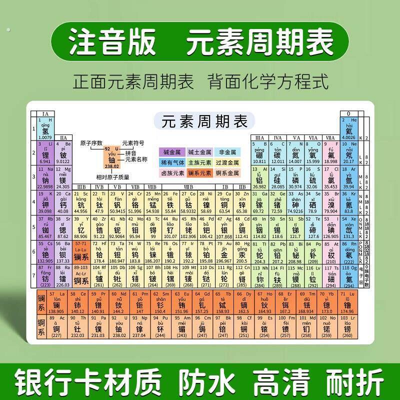 注音版元素周期表初中化学元素周期表卡片带拼音化学方程式大全