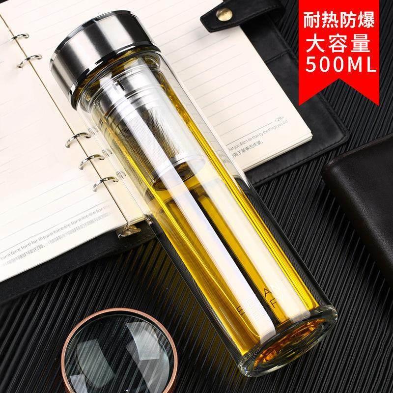 茶杯男款隔热过滤网加长玻璃杯大容量双层杯子细长款水杯家用茶杯