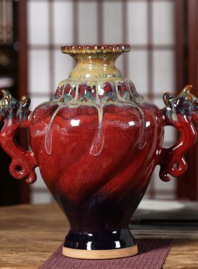 景德镇陶瓷器 钧瓷颜色釉双耳郎红花瓶 玉壶春中式家饰工艺品摆件