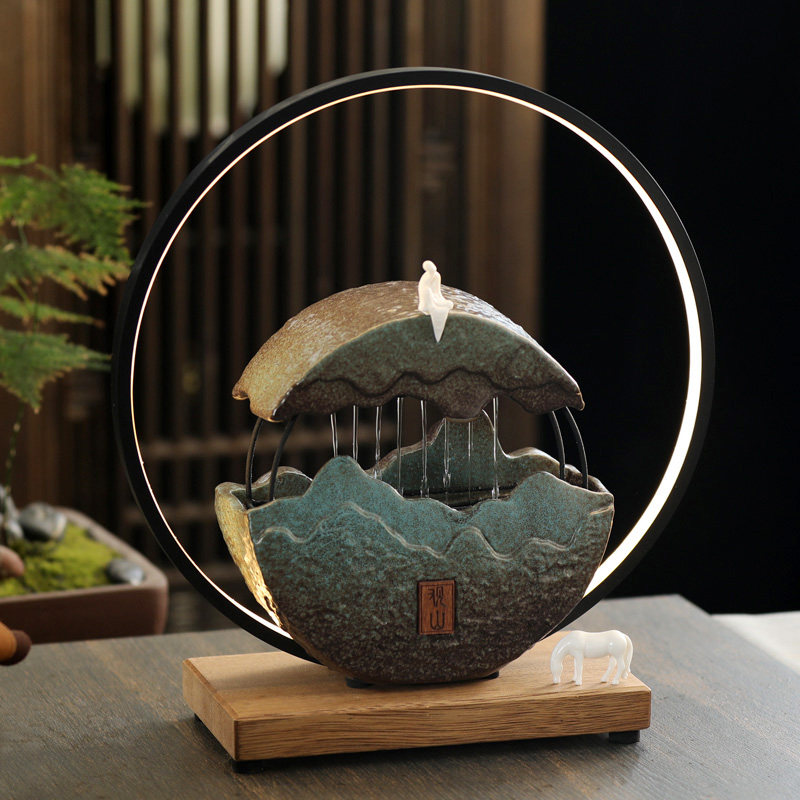 宽和 观山大号流水器摆件家用玄关两用带灯发光新中式创意装饰品
