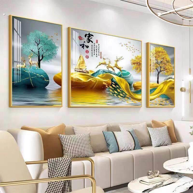 简约现代喷绘高档有框三联几何图案客厅装饰画高档轻奢沙发挂画