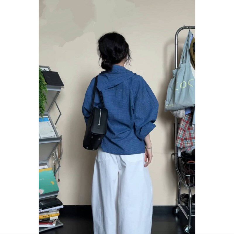 2025春夏女款256030披肩加宽宽松格子蓝衬衫上衣