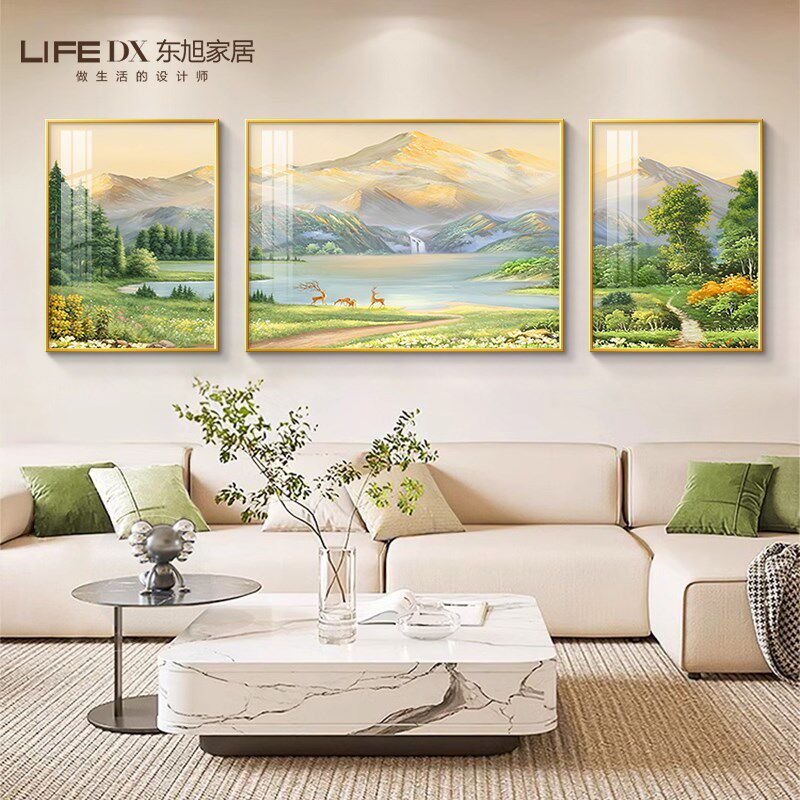 聚宝盆客厅装饰画轻奢高级感沙发背景墙挂画西墙聚财山水三联壁画