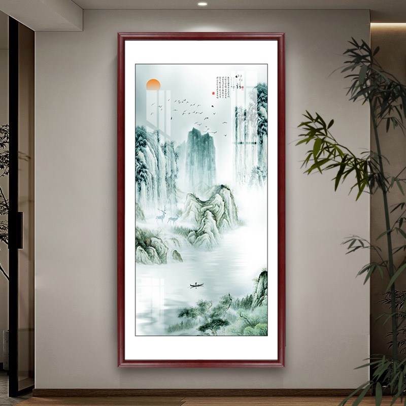 高档新中式玄关装饰画山水风景过道走廊挂画民宿酒店楼梯间大壁画