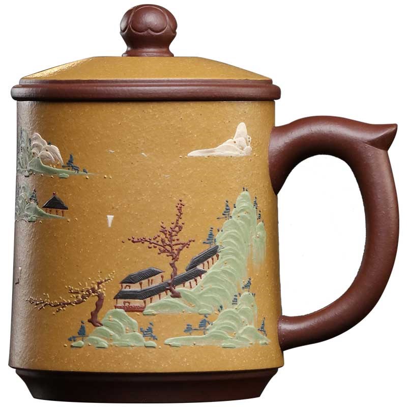 宜兴大容量隔舱紫砂杯粉浆泥绘茶杯盖杯高端茶具单人办公家用紫泥