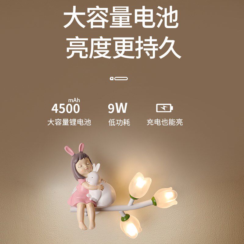 充电壁灯免布线带开关儿童房间墙壁灯简约时尚卡通创意卧室氛围灯