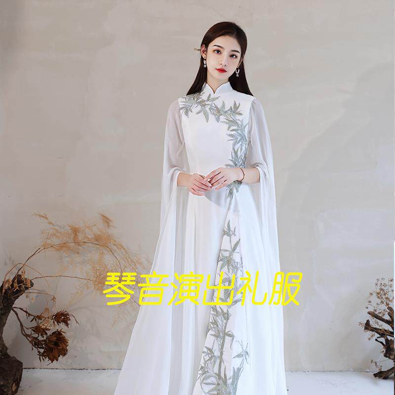 新款古筝演出服大人女复古白色学生艺考长裙公司年会表演舞台服装