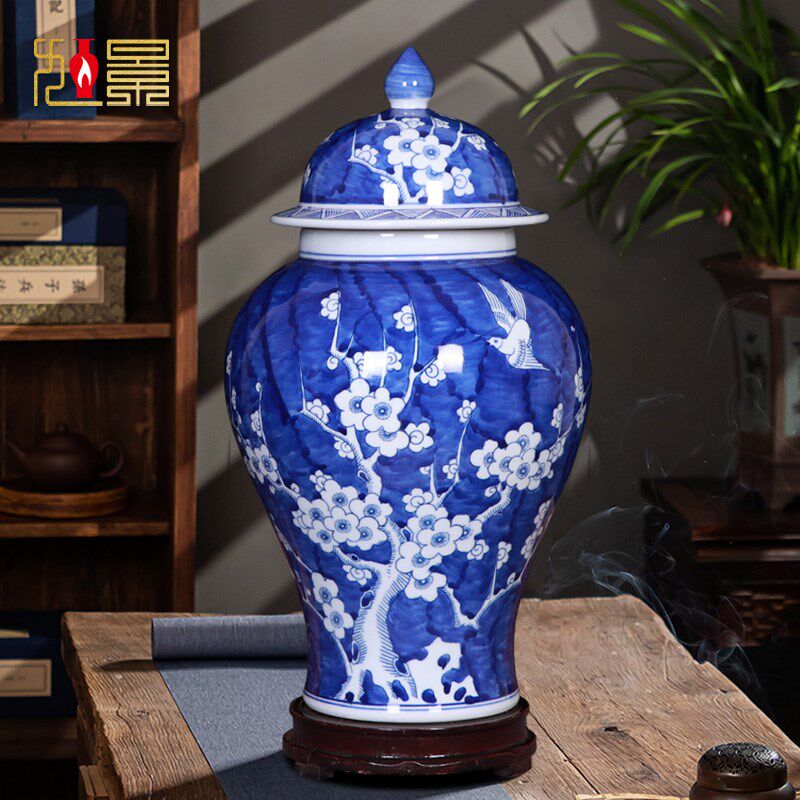 景德镇花瓶青花将军罐大号瓷瓶餐桌客厅插花落地摆件陶瓷收纳罐子