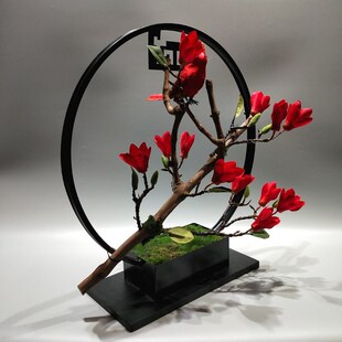 家居软装铁艺花器玄关客厅盆景新中式迎客松架子流水摆件插花器皿