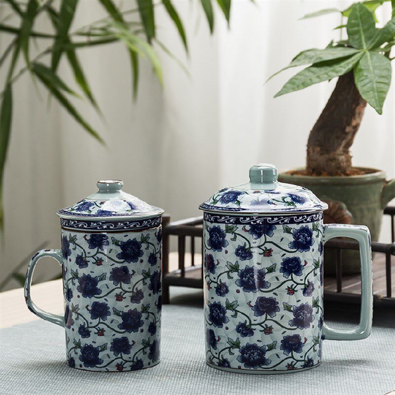 冠福陶瓷杯子青花瓷大号茶隔杯老板杯带盖水杯马克杯盖杯包邮