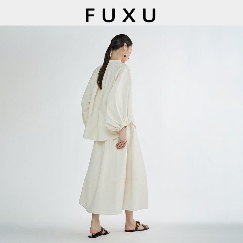芙蕖FUXU 设计感圆领上衣小衫宽松显瘦灯笼袖衬衫半身A字长裙套装