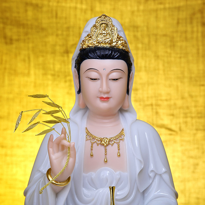 石雕汉白玉观音菩萨佛像娑婆三圣坐像摆件家用供奉摆件观世音佛像