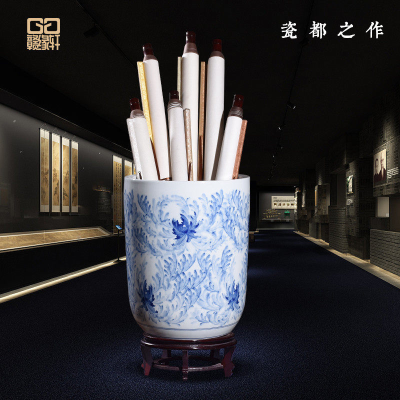 景德镇陶瓷书画桶卷轴缸落地大号字画筒雨伞缸新中式软装装饰花瓶