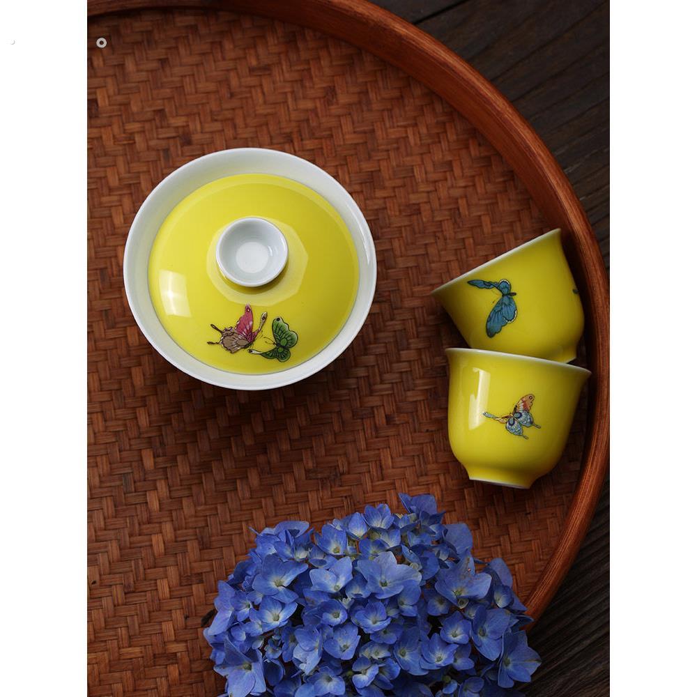 彷古黄地蝴蝶功夫茶具陶瓷家用防烫盖碗主泡茶碗茶杯百搭文人茶器