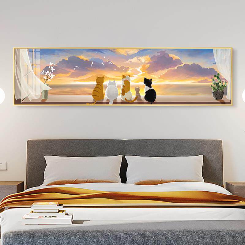 北欧卧室床头装饰画小清新女孩房间布置挂画猫咪横幅温馨粉色壁画