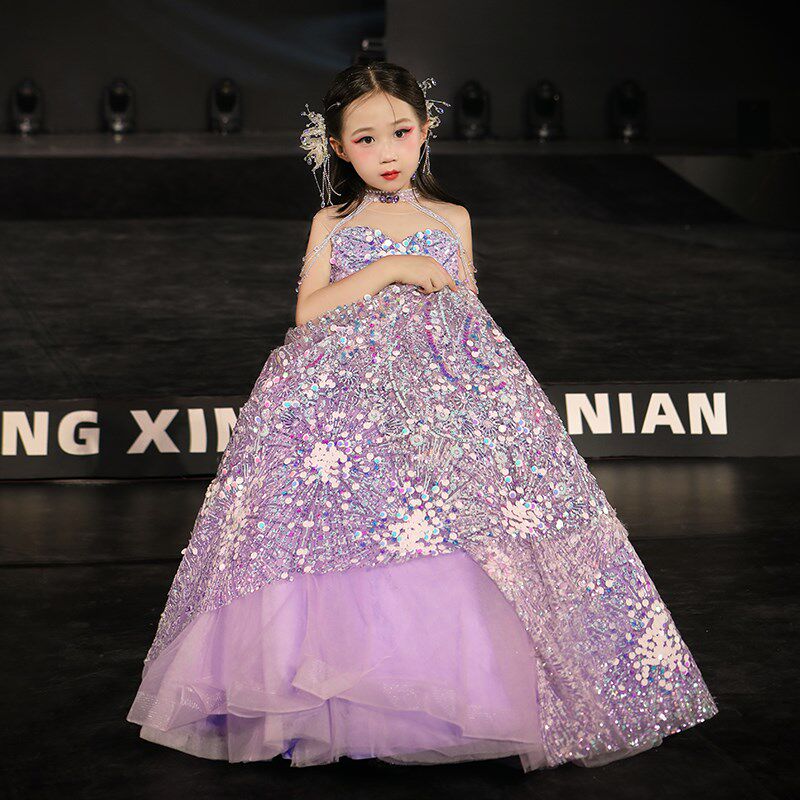 女童礼服轻奢小众高端紫色公主裙儿童走秀主持人钢琴演出服新款秋