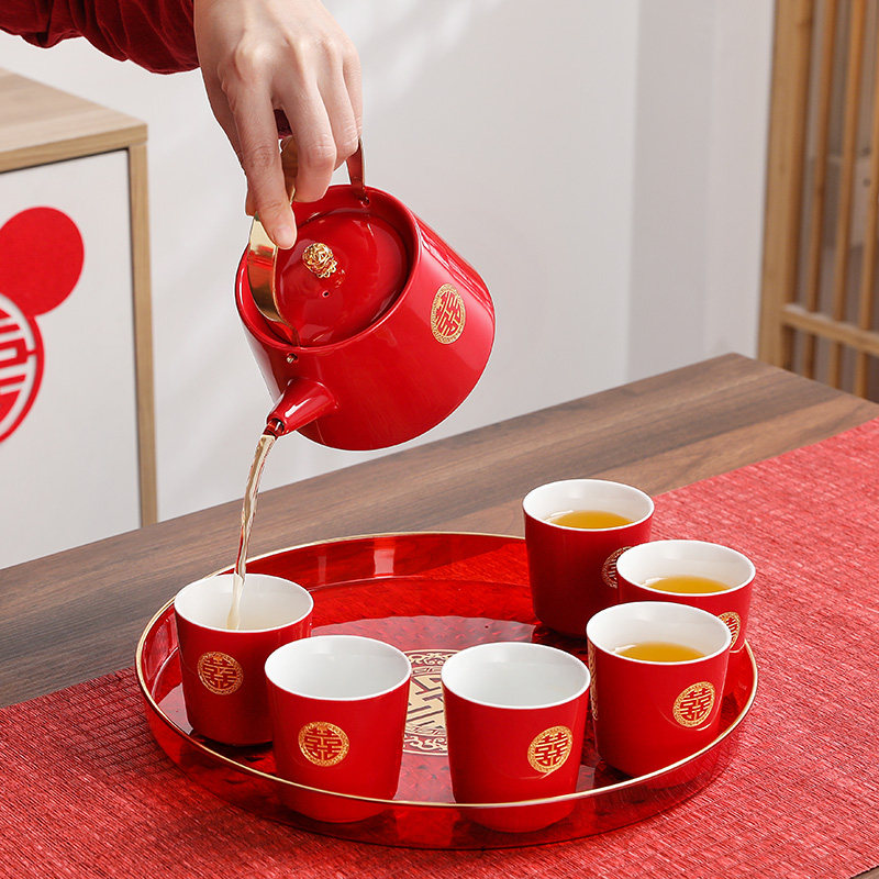 结婚茶具陶瓷婚庆敬茶杯茶壶家用客厅红色喜茶杯子陪嫁茶具套装