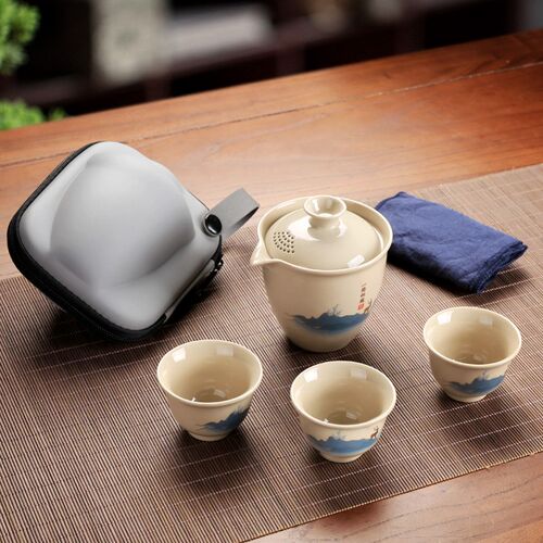 旅行茶具套装陶瓷快客杯功夫盖碗茶杯小套一壶三杯户外便携收纳包