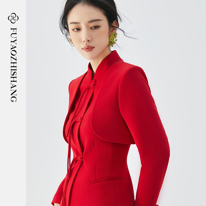 FUYAO扶摇 新中式国风女装红色西装外套女套装高端改良唐装西服秋