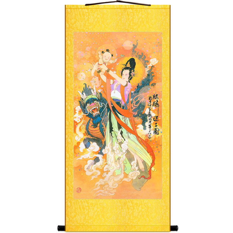 麒麟送子图 仙女童子人物神像画绢布卷轴挂画 卧室复古装饰画定制