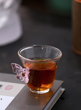 叶屿粉色紫色蝴蝶玻璃主人杯碟恋茶杯耐热高硼硅防烫大容量茶水杯