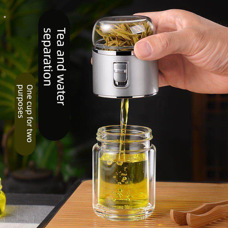 高端茶水分离杯双层一键锁水泡茶杯迷你便携玻璃水杯泡茶过滤杯子