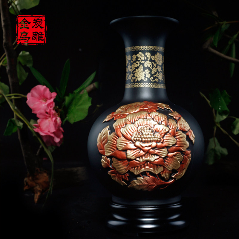 金乌炭雕 富贵芙蓉天球瓶 炭雕家居玄关客厅电视柜摆件花瓶工艺品