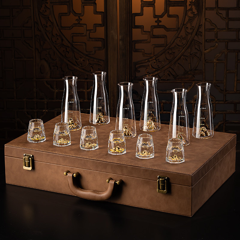 水晶白酒杯套装高级感玻璃家用酒壶分酒器中式金箔品酒酒具礼盒装