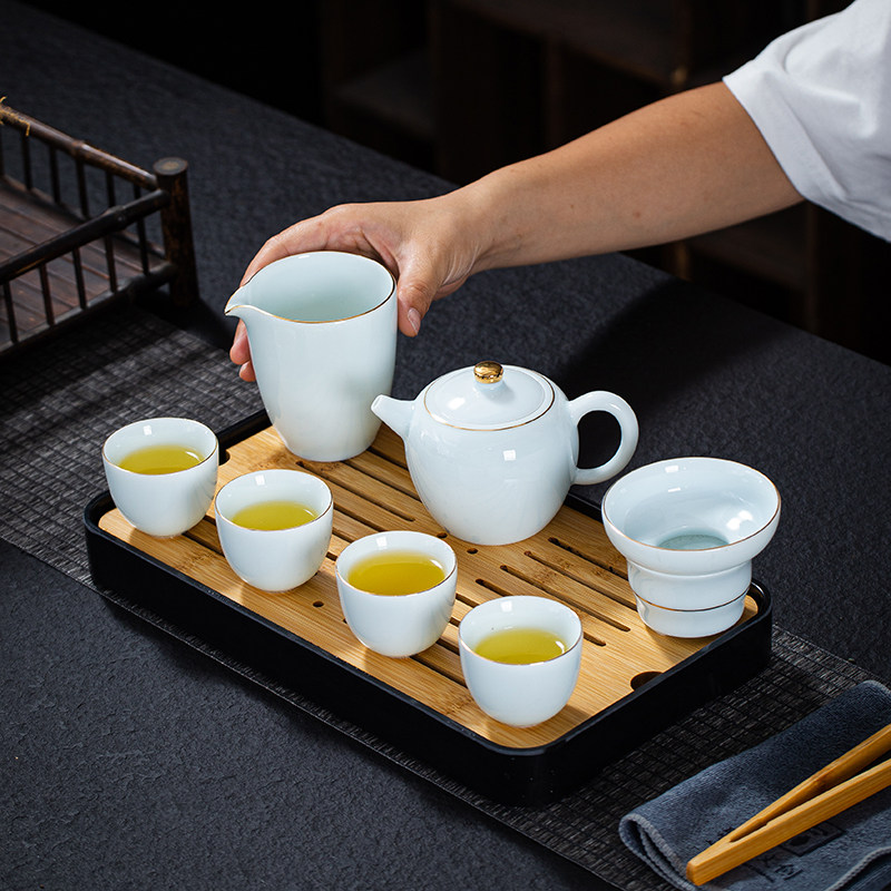 旅行功夫茶具小套装家用简约泡茶壶影青陶瓷茶杯户外茶盘便携式包