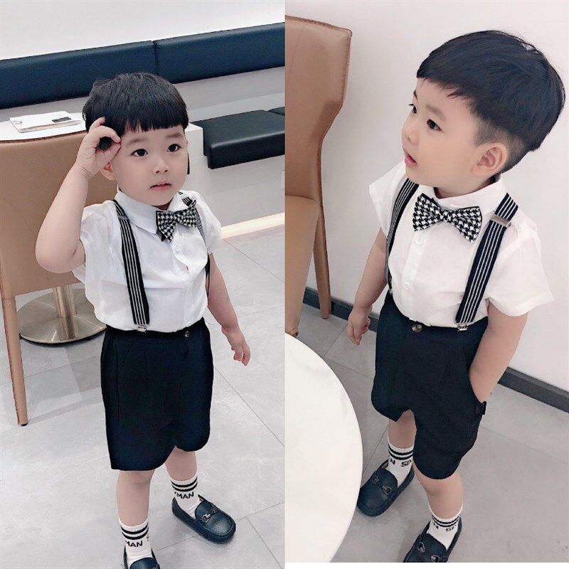 男童夏季礼服儿童短袖西装背带裤花童套装周岁生日小主持人演出服