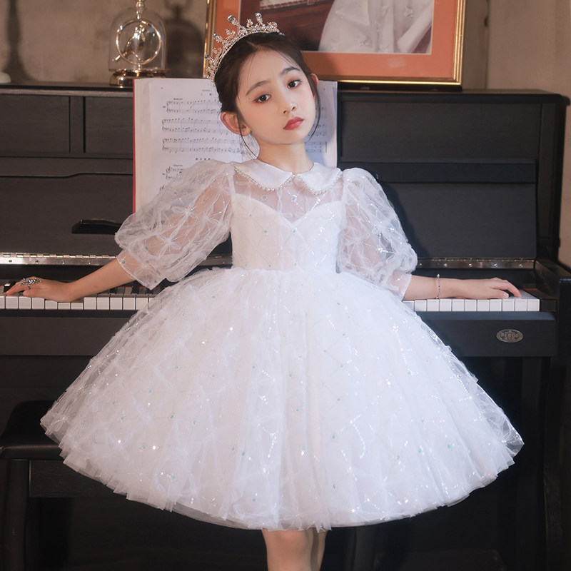花童小女孩婚礼服白色儿童主持人公主裙蓬蓬纱女童钢琴演出服婚纱