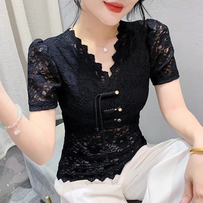 2024夏季新中式国风V领花边蕾丝衫女气质修身显瘦短袖百搭上衣T恤