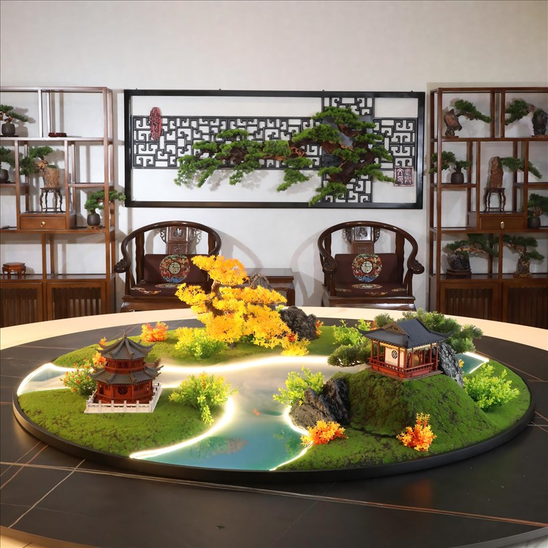 餐桌中间摆花喷雾化流水灯光遥控桌摆转盘花摆圆桌芯装饰盆景摆件