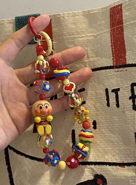 甄选手作彩色手绘面包超人串珠手机链 卡通光头公仔包挂件钥匙扣