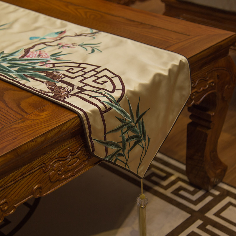 中国风绣花鸟桌旗新中式古典桌布客厅餐桌电视柜茶几床旗布艺包邮