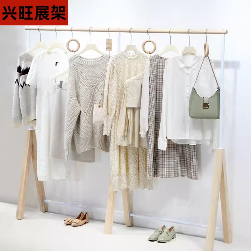 简约文艺小清新风白色铁艺男女装挂衣服架实木落地式中岛展示架子