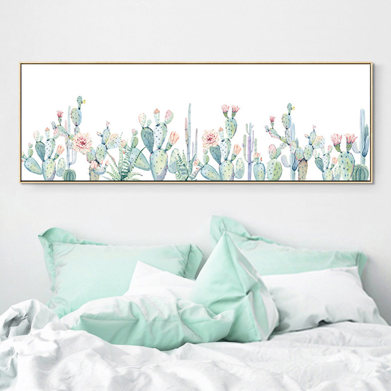 鳟鱼北欧风床头壁画卧室客厅画清新绿植风景挂画长方形横版装饰画