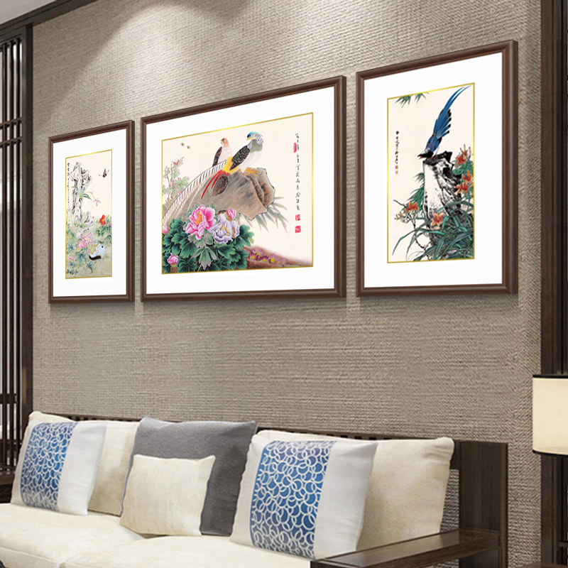 新中式实木框沙发背景墙壁装饰画客厅书房三联挂画齐白石水墨画
