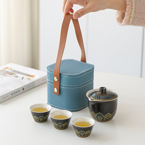 陶瓷快客杯户外便携旅行茶具套装露营车载一壶六杯泡茶壶带收纳包