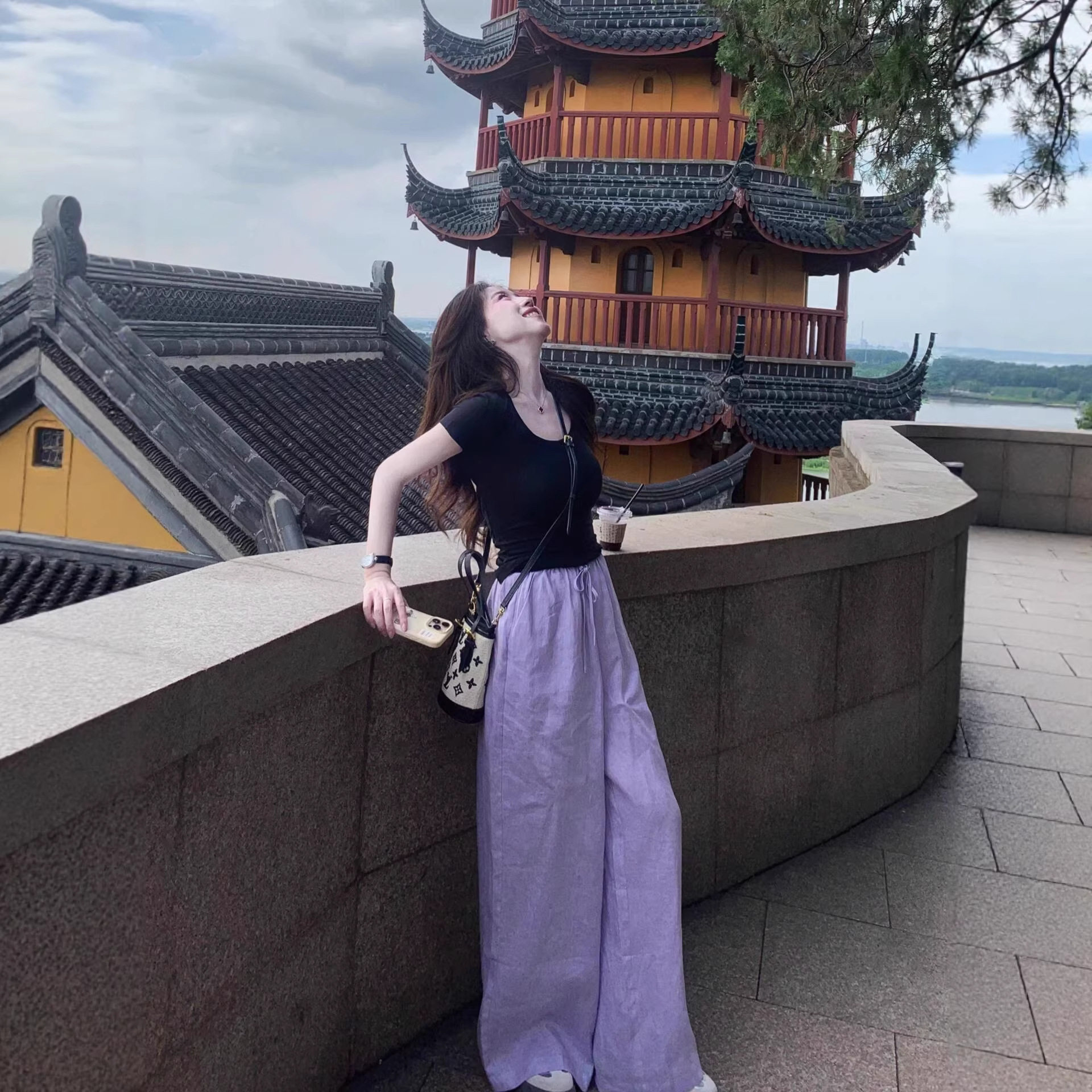 紫色亚麻阔腿裤女夏薄款胖mm大码显瘦宽松慵懒感棉麻直筒休闲裤子