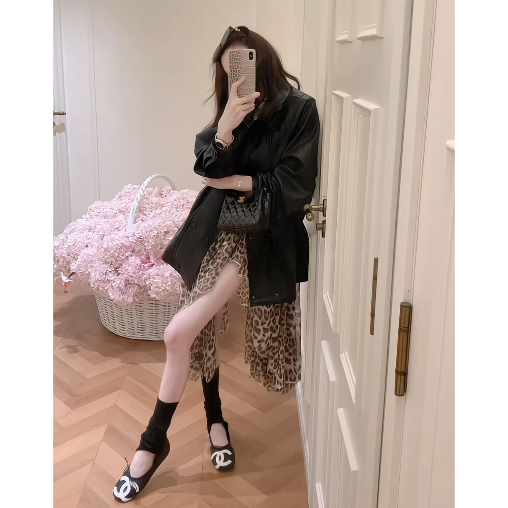 Leathe半身裙女春夏新款复古豹纹不规则垂坠感遮胯显瘦网纱裙套装
