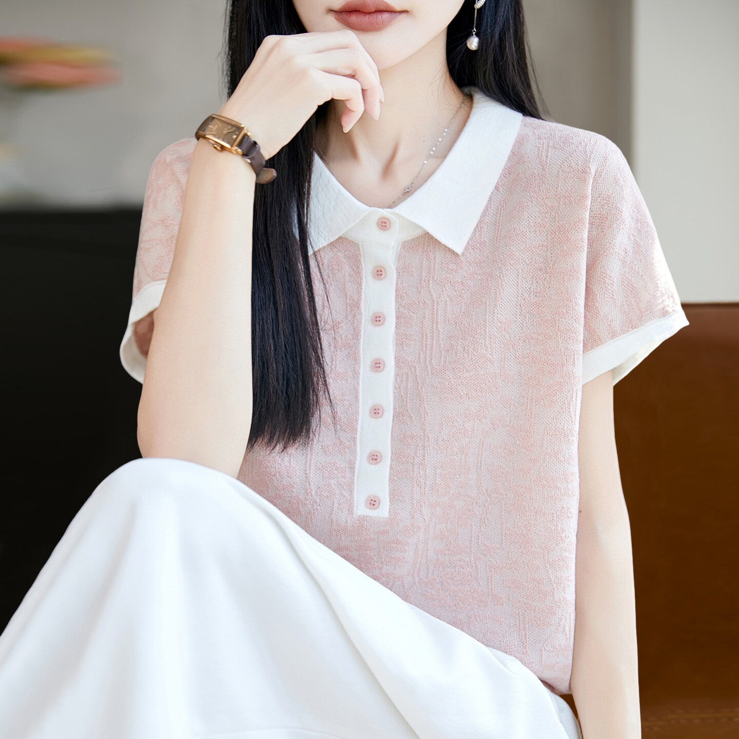 娃娃领半开领短袖t恤女夏季2026新款打底衫洋气女装冰丝针织上衣