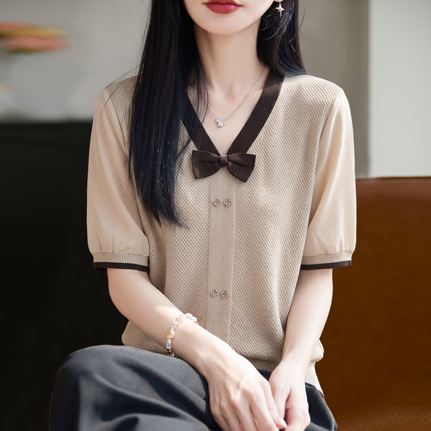 新款减龄冰丝针织衫女短袖t恤大码女装夏季宽松遮肚子蝴蝶结上衣
