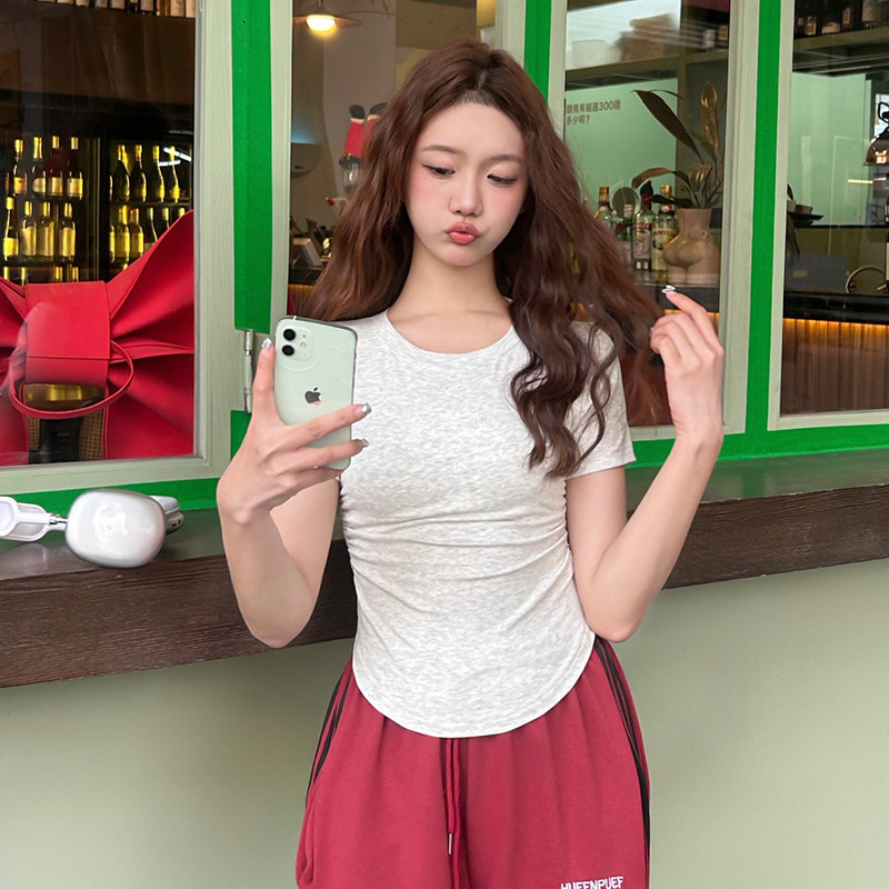 褶皱设计感正肩t恤女夏季新款纯棉收腰弧形下摆修身短袖遮肉上衣