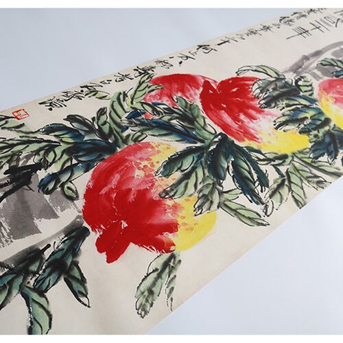 1:1近代 齐白石 花实各三千 花果寿桃图立轴宣纸高清复制装饰画