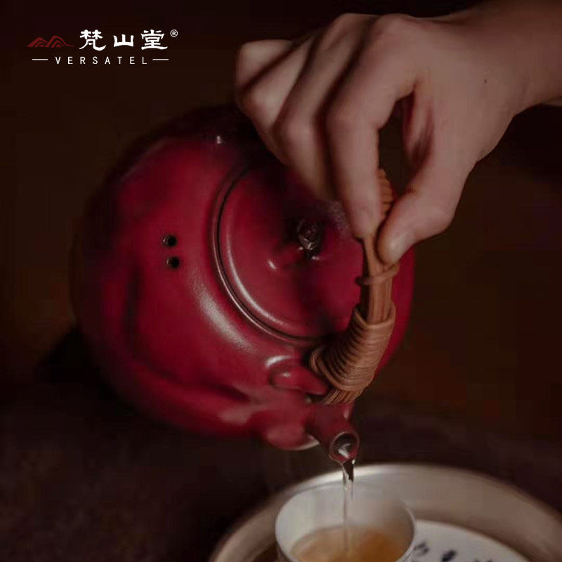 梵山堂陶壶苏打釉老岩泥烧水煮茶壶电陶炉山楂红纯手工开片煮茶器