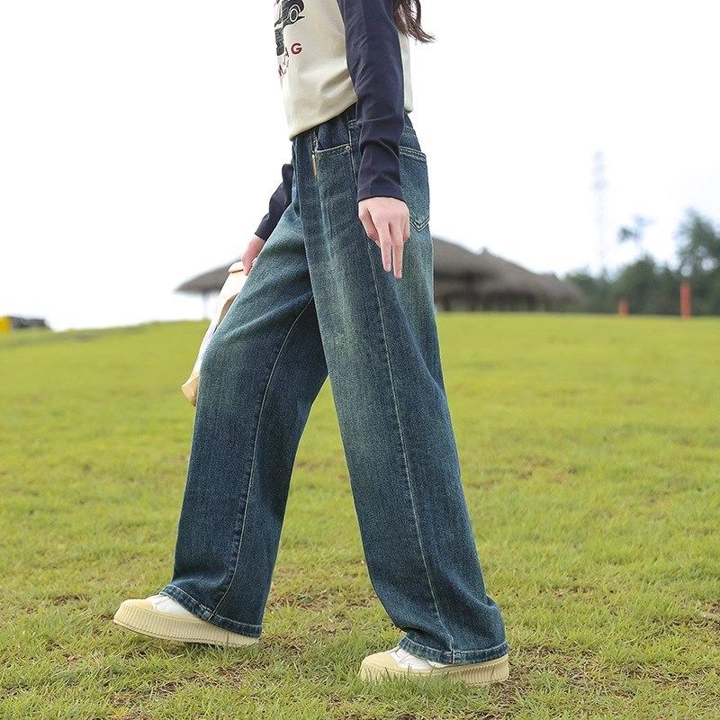 女童牛仔裤春秋款2024新款儿童秋装大童阔腿长裤秋季女孩直筒裤子